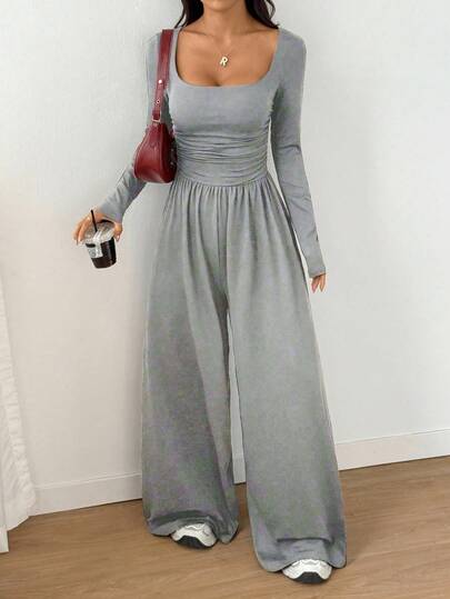 Flirla 女式休闲纯色方领长袖阔腿连体裤