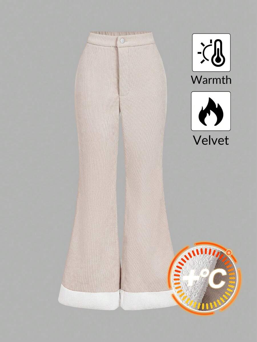 SHEIN MOD Vintage 70s Women's Khaki Thermal Lined Flared Pants – Retro Hippie, Holiday Wear, Bohemian, Y2K, Western And Nomadic Style, Back-To-School, Commuter,Vacation Women,2000s , Costume - Khaki - View 1