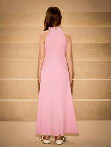 Tween Girls Elegant Graceful Luxurious Pink Sleeveless Halter Floral 3D Maxi High Slit Dress - Pink - View 2