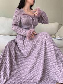 Feyla 女式纯色人造毛皮拼布罗纹长袖连衣裙 - 淡紫色 - 查看 3