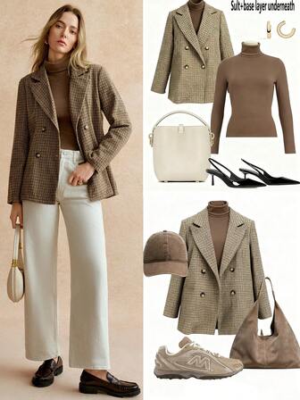 Écloséra Dampendlingskostym med hög hals, långärmad, slim fit och termofodrad hundtandsmönstrad kavaj för vardagsbruk, höst- och vinterkostym i två delar, elegant damoutfit, trendig och chic Thanksgiving-outfit, nyårskläder, brun elegant outfit för utflykter.