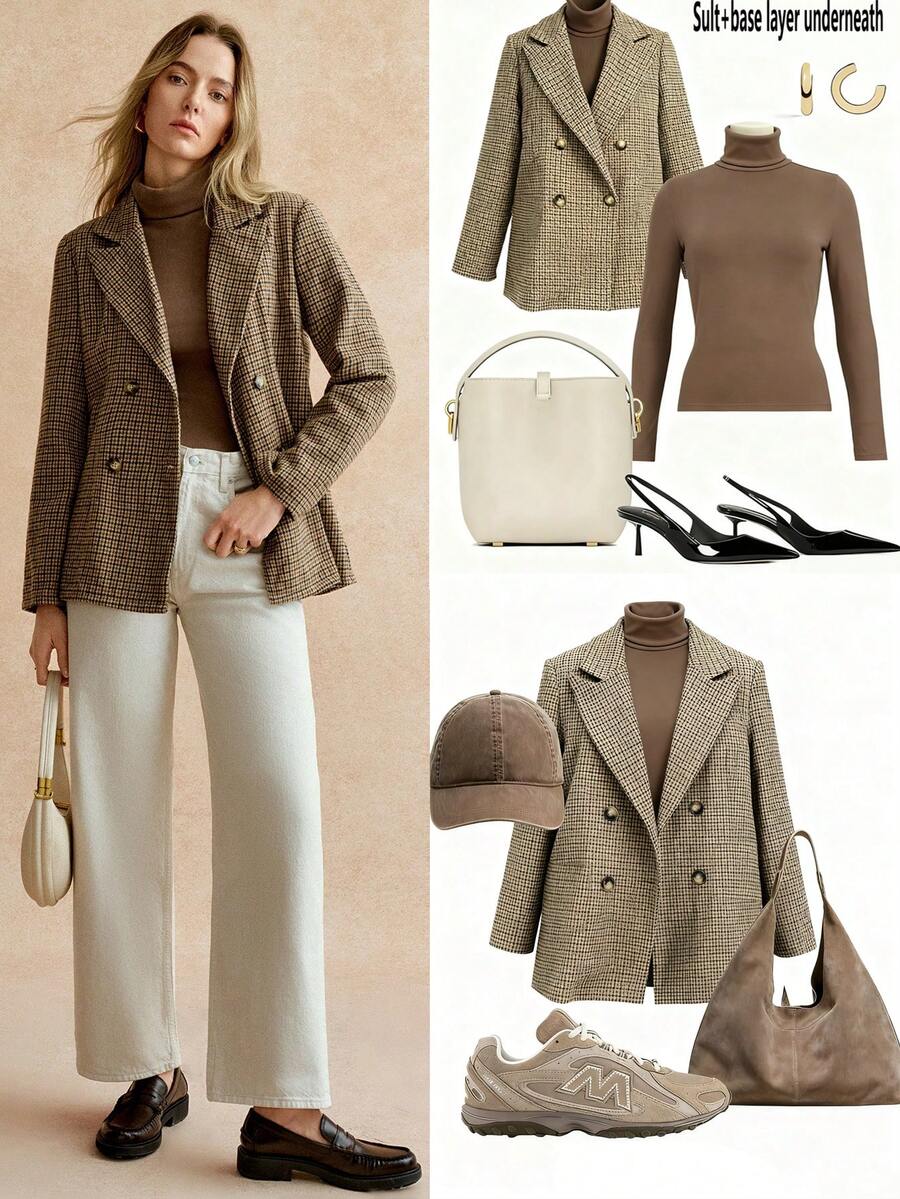 Écloséra Women's Everyday Commuting High-Neck Long-Sleeved Slim-Fit Thermal Lined Houndstooth Blazer, Autumn And Winter Two-Piece Suit Set, Elegant Women's Outfit, Fashionable And Chic Thanksgiving Outfit, New Year's Clothing, Brown Elegant Outfit For Going Out.