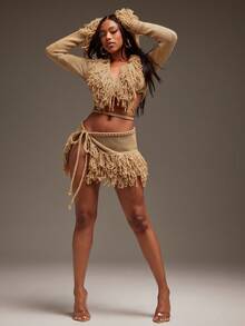 Denimoi 系带流苏细节毛衣迷你裙 - 棕色 - 查看 3