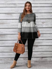 EMERY ROSE Casual Minimalist Black & Gray Striped Print Plus Size Women Round Neck T-Shirt, Spring/Autumn Grey Tops For Women - Multicolor - View 4