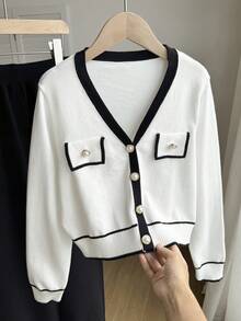 2 件套青少年女孩 V 领手工珍珠纽扣开衫和直筒裤套装，学院风，适合圣诞节、返校季，宽松简约 - 黑與白 - 查看 6