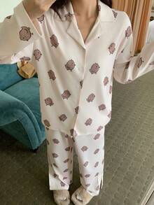 DAZY Chicken Print All-Over Women Pajama Set, Winter Clothes - Khaki - View 7