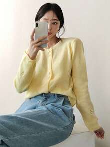 DAZY Solid Button Front Cardigan,Long Sleeve Tops,Fall Clothes - Yellow - View 8