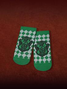 HARRY POTTER X SHEIN 1 par de calcetines de tobillo para mujer con patrón de serpiente y diamante - Verde - Ver 1