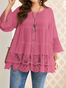 EMERY ROSE Áo cánh ren chắp vá tay 3/4 màu hồng cỡ lớn dành cho nữ mùa thu/đông, thường ngày đầu xuân, thời trang, mùa thu/đông, đi chơi, mẫu mới 2025, đơn giản và thời trang để mặc hàng ngày, cỡ lớn mùa đông, giáng sinh cho phụ nữ, năm mới, lễ tạ ơn - Màu Hồng Tươi - Xem 6