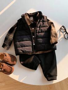 SHEIN 3 件套婴儿格子领衬衫、松紧腰裤和绗缝背心 3 件套服装，休闲百搭，适合秋冬