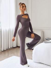 SHEIN Dewbera Sexy Casual Women Hollow Out Crop Top & Pants Sports Suit - Brown - View 5