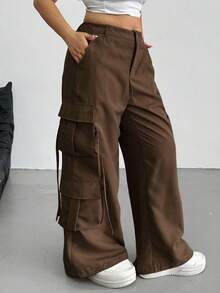 SHEIN Tall CURVE 秋季大码休闲纯色宽松翻口袋工装裤 - 咖啡棕 - View 4