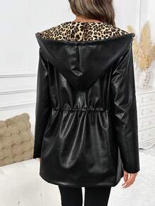 SHEIN Clasi 女士秋冬PU皮连帽豹纹外套，双面可穿，休闲百搭，腰部抽绳带口袋，秋季新年豹纹黑色大衣 - 黑色 - 查看 2