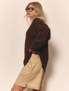 MUSERA 蓬松针织超大款缝线细节圆领套头衫 冬季居家服 舒适 工作 可爱 优雅 休闲 春季度假毛衣 - 咖啡棕 - 查看 3