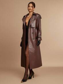 Silquee Áo khoác dài tay đơn sắc, hai hàng khuy, thường ngày, đa năng dành cho nữ - màu nâu - Xem 4