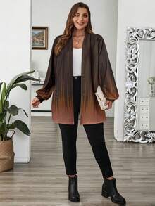 EMERY ROSE Plus Size Color Block Front Open Casual Jacket,Brown Autumn Casual Hiking New Year Christmas Party Winter Clothes For Women Cozy Fall Outerwear - Brown - View 5