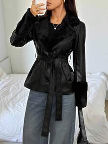 SHEIN PETITE Women's Fashion Versatile Faux Fur Patchwork Regular Jacket Black Leather Jacket Women Belted Leather Jacket In Fall/Winter