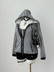 Sunspun Áo khoác nỉ dài tay có mũ trùm đầu phong cách Punk tối màu thời trang cỡ lớn đính đinh tán - Xám - Xem 4