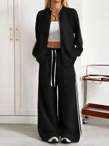 SHEIN EZwear 女款寬鬆側條紋印花拉鍊長袖上衣與抽繩腰長褲套裝，黑色兩件套，舒適休閒居家套裝 - 黑色 - 查看 3