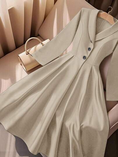 Franclia 女式优雅褶皱修身垂坠翻领单排扣高腰连衣裙，春秋