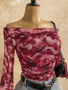 Soleia Women Fall Casual Fashion Pleated Fitted Off Shoulder Long Sleeve Top - Multicolor - View 4