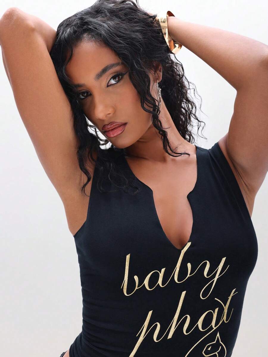 BABYPHAT Notch Neck Tank Top With Cat Print Message Text Design - Black - View 1