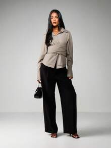 MISSGUIDED Ruched Cross Over Panel Collared Button Down Blouse With Tie Waist Belt Long Sleeve Office