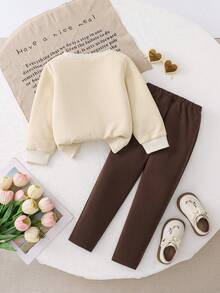 SHEIN Young Girls' Street Sweatshirt Set, Suitable For Spring & Autumn Outdoor, Children Printed Knit Sweatshirt & Leggings Cute Outfit Set - Apricot - View 2