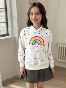 Elladie kids Girls' Rainbow Cloud & Polka Dot Print Hooded Long Sleeve Sweatshirt With Drawstring Hem, Casual Sports Wear Suitable For Travel, Holiday, Spring/Autumn - White - View 3