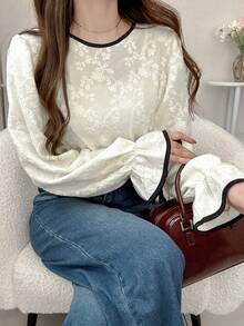 FRIFUL Women's Floral Embroidered Trim Round Neck Flare Sleeve Elegant Blouse Long Sleeve Top