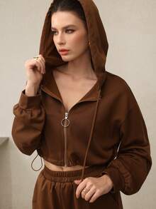 Modelyn 2件套女式休闲连帽拉链收腰长袖运动衫和慢跑裤套装 - 棕色 - 查看 10