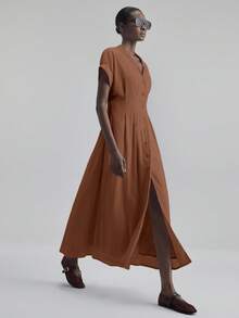 Ontre 女士纯色 V 领蝙蝠袖褶皱单排扣休闲长裙，适合城市通勤、商务休闲、办公室穿着，优雅适合圣诞派对、新年派对、假日海滩 - 棕色 - 查看 3