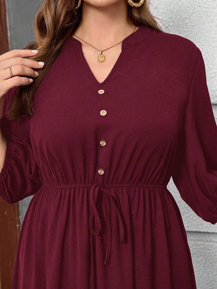 Plus Size V-Neck Regular Shoulder Puff Sleeve Concealing Belly Midi Dress