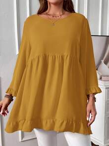 EMERY ROSE Áo sơ mi tay dài cổ tròn viền bèo nhún màu trơn cỡ lớn, đa năng, thường ngày - Màu vàng - Xem 3