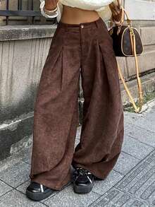 Coolane 女士休闲复古纯色阔腿裤 - 棕色 - 查看 5