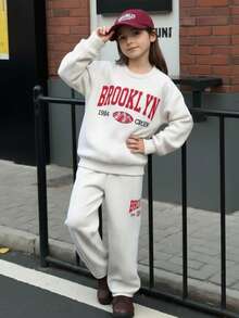 SHEIN 2件套休闲字母印花针织纯色宽松落肩长袖运动衫和阔腿运动裤套装 - 淺灰色 - 查看 11