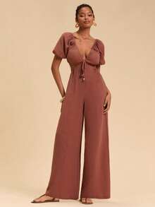 Travachic Damen einfarbiger tiefer V-Ausschnitt, sexy kurzer Jumpsuit mit Hohlmuster