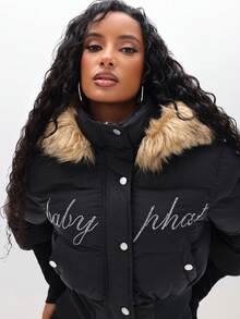 BABYPHAT Cropped Puffer Jacket With Fur Hood Embroidered Winter Coat Quilted Outerwear