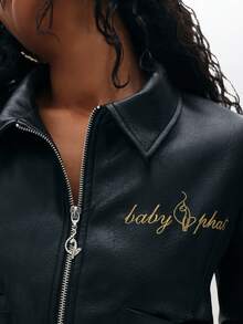 BABYPHAT Women's PU Leather Bomber Jacket With Diamante Logo And Ribbed Hem Casual Outerwear Autumn Winter Clothes For Women