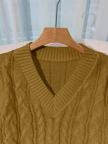 Franclia 新款宽松、柔软、甜美粉色超大设计V领粗麻针织套头衫，适合秋冬穿着 - 薑色 - 查看 7