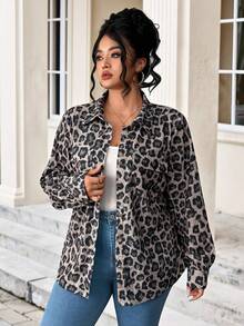 Elenzga Camisa Casual de Tecido Estampada com Estampa de Leopardo para Uso Diário, Tamanho Grande - Castanho - Visão 6