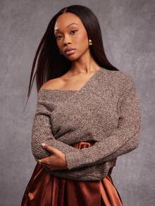 NYA SZN 长袖V领宽松罗纹针织毛衣，适合日常休闲、活动、婚礼、早午餐、秋冬季节、节日庆典等场合。 - 棕色 - 查看 3