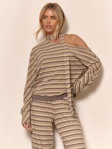 MUSERA Asymmetrical Shoulder Stripe Long Sleeve Slouchy Top With Scarf Cute Cool Girl Cosy Fall Autumn Winter Everyday Clean Girl Casual Butter Yellow Cottage Core Old Money Butterscotch Holidays Party Spring Summer - Multicolor - View 1