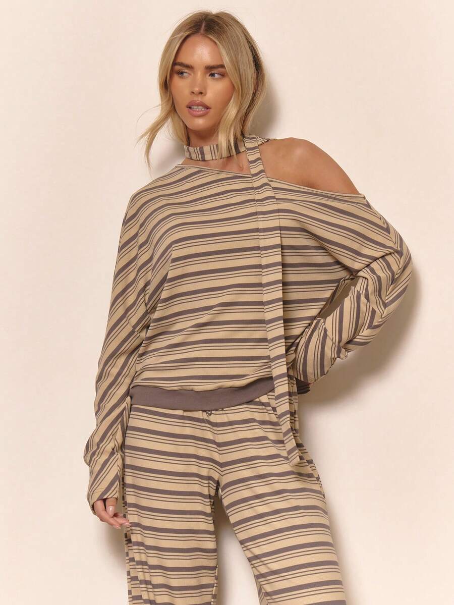 MUSERA Asymmetrical Shoulder Stripe Long Sleeve Slouchy Top With Scarf Cute Cool Girl Cosy Fall Autumn Winter Everyday Clean Girl Casual Butter Yellow Cottage Core Old Money Butterscotch Holidays Party Spring Summer - Multicolor - View 1