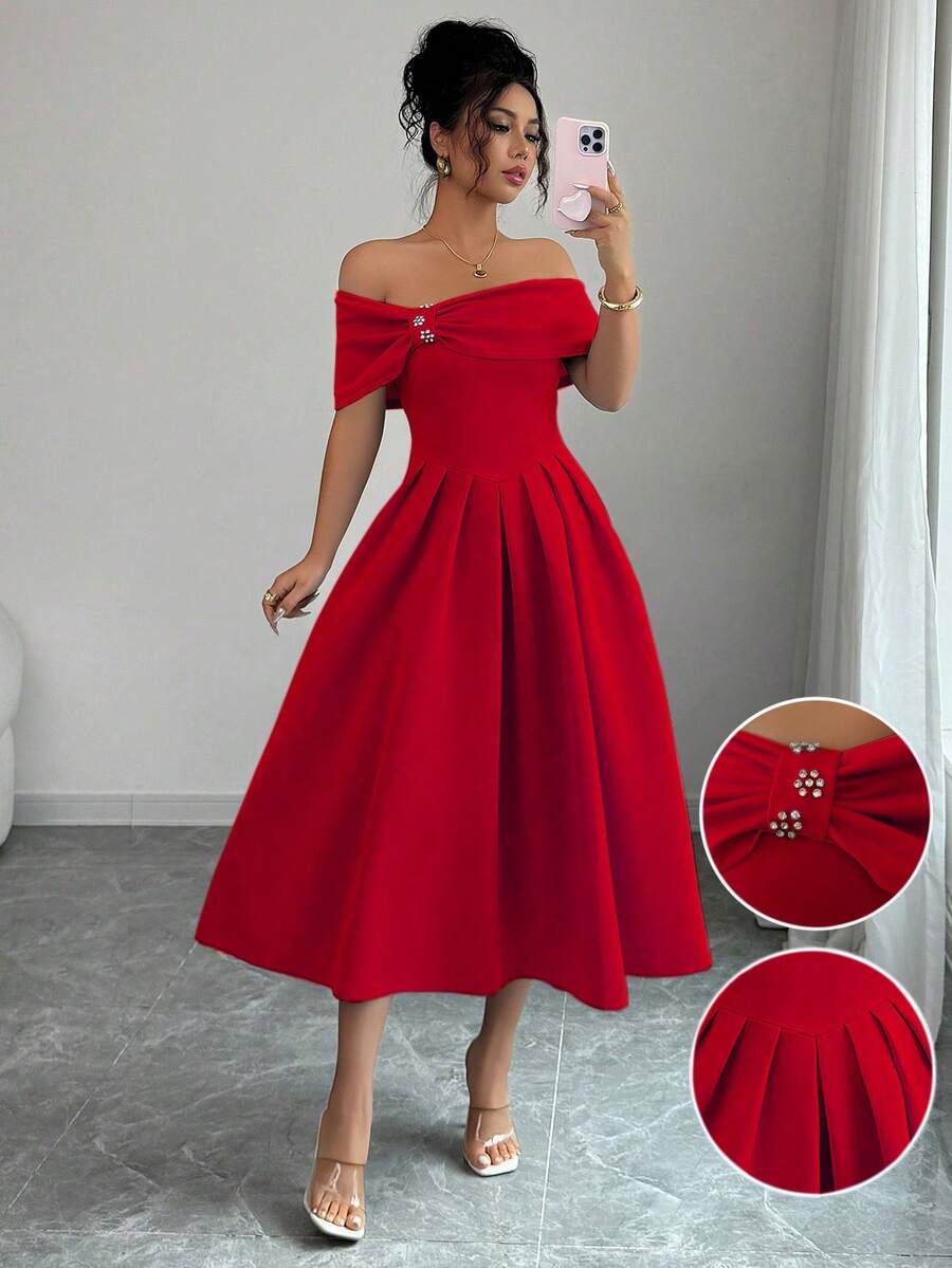 Elenzga 女士时尚露肩短袖水钻装饰喇叭中长连衣裙 - 紅色 - 查看 1