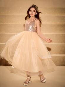 Elegant Champagne V-Neck Gold Sequin Mesh Dress For Tween Girls,Summer Flower Girl Gown For Evening Party,Christmas,Prom,Wedding,Graduation - Champagne - View 3