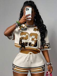 Slaydiva 2件套女士休闲运动街头风#23圆领短袖T恤和短裤T恤套装，适合春夏 - 彩色 - 查看 3