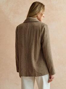 Écloséra Women's Everyday Commuting High-Neck Long-Sleeved Slim-Fit Thermal Lined Houndstooth Blazer, Autumn And Winter Two-Piece Suit Set, Elegant Women's Outfit, Fashionable And Chic Thanksgiving Outfit, New Year's Clothing, Brown Elegant Outfit For Going Out.