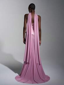 Elitara 优雅奢华串珠性感缎面拼接韩式网眼美人鱼裙，可拆卸肩带，适合婚礼、活动、派对、度假、庆典和正式场合 - 粉色 - 查看 5