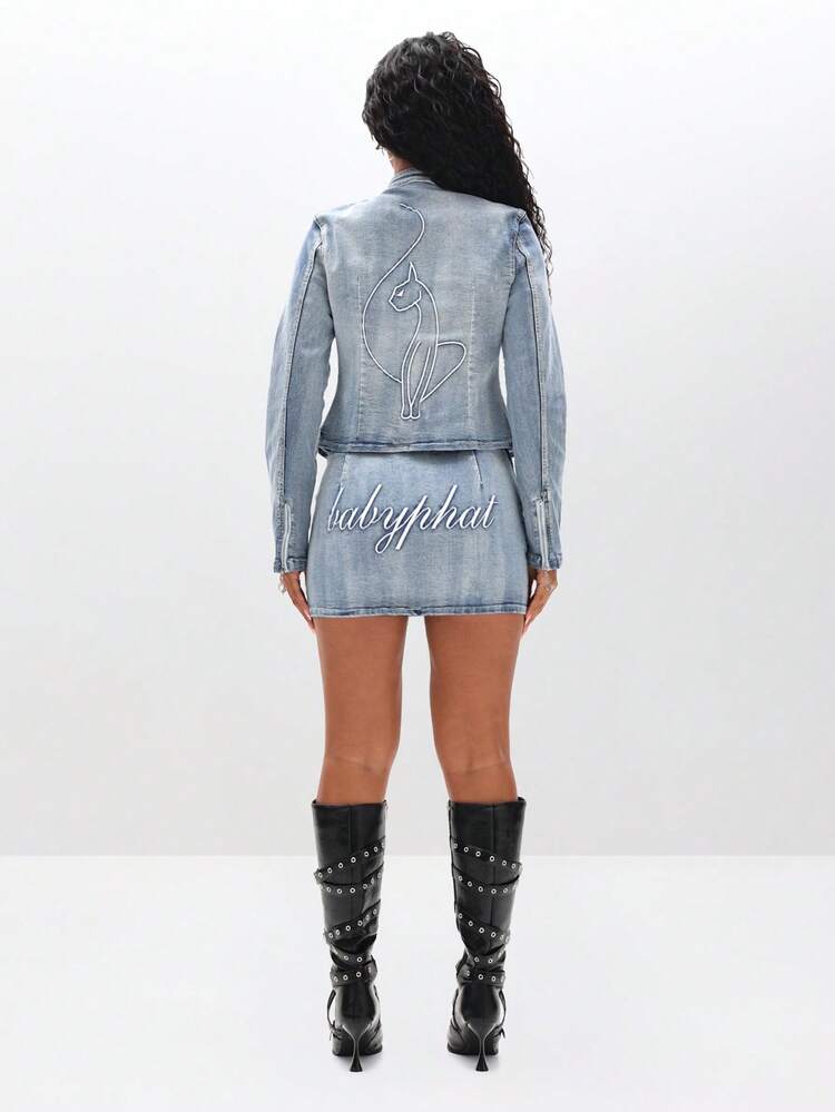 BABYPHAT Slim Fit Stretch Denim Moto Jacket With Embroidery Long Sleeve Zip Up Cropped Jean Jacket Fall Winter 2 Piece Denim Sets Woman